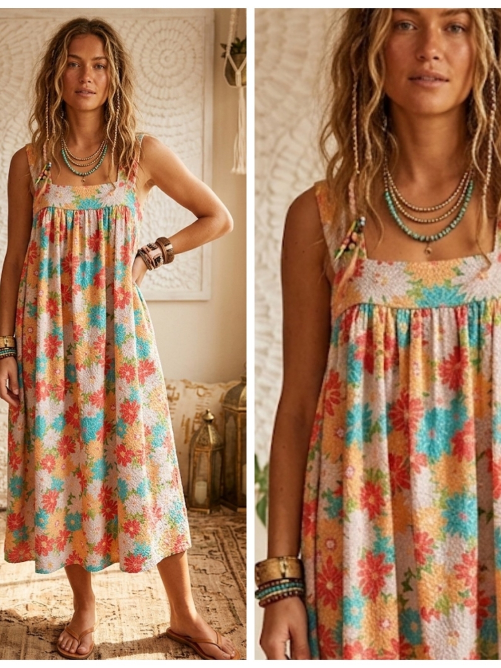easel Floral Midi Dress in Coral, Turquoise, Yellow